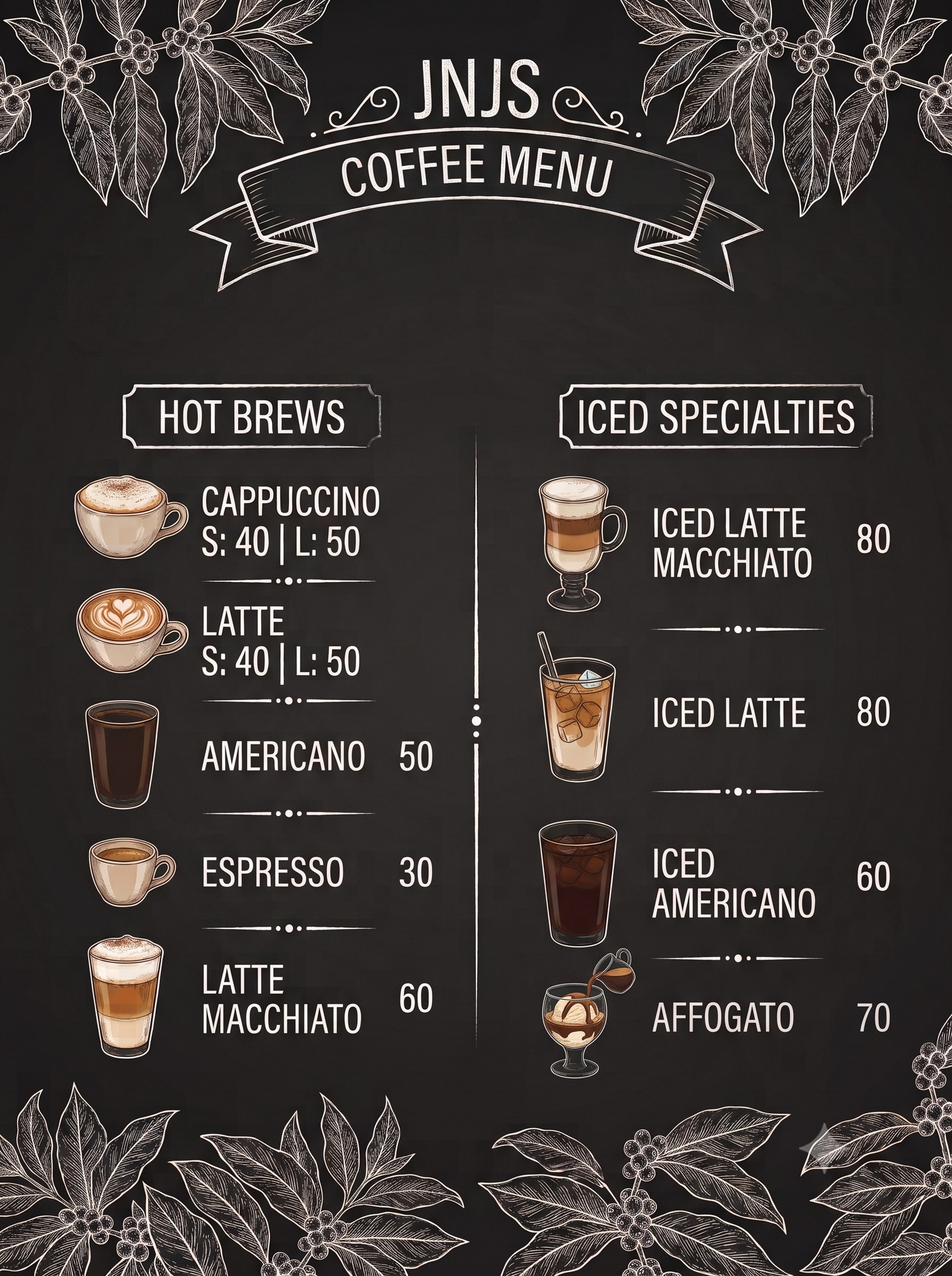 JnJ's Chalkboard Coffee Menu